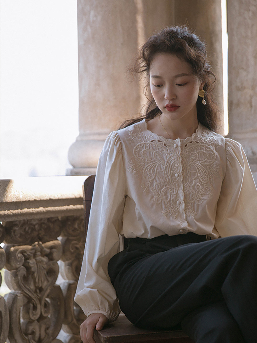 Ally Retro Embroidered Lantern Sleeve Blouse