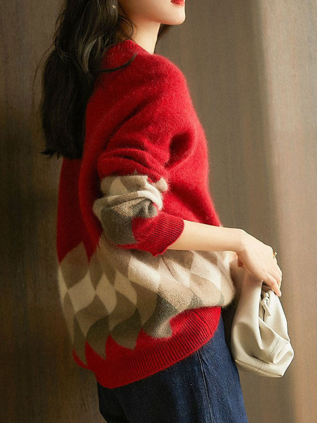 Dana Round Neck Retro Lingge Christmas Red Sweater