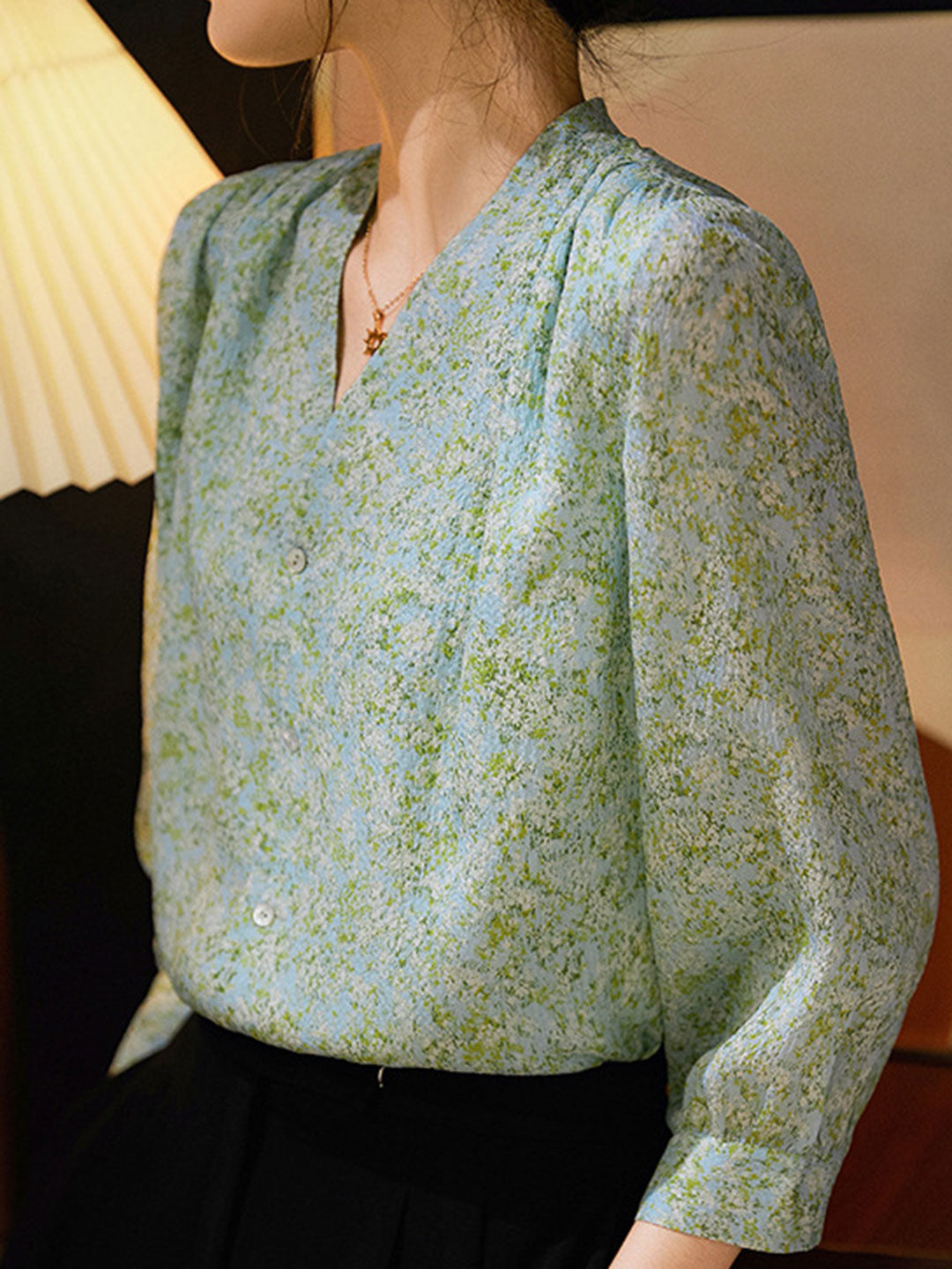 Molly Printed Green Floral Chiffon V-neck Shirt