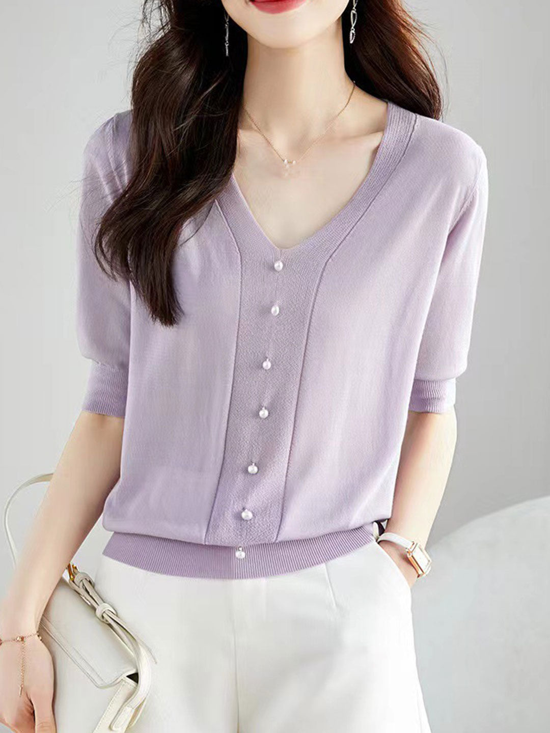 Valeria Casual Imitation Tencel Knitted Beaded Top