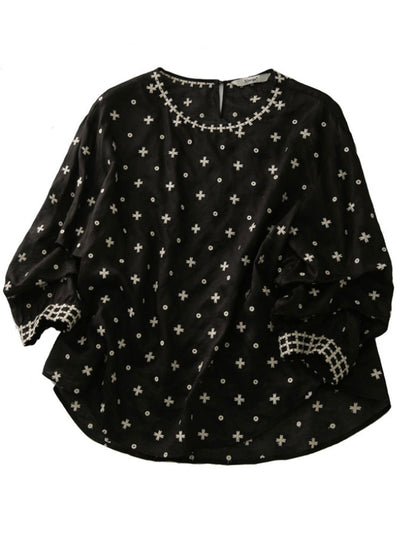 Alexa Classic Embroidered Round Neck Puff Sleeve Top-Black