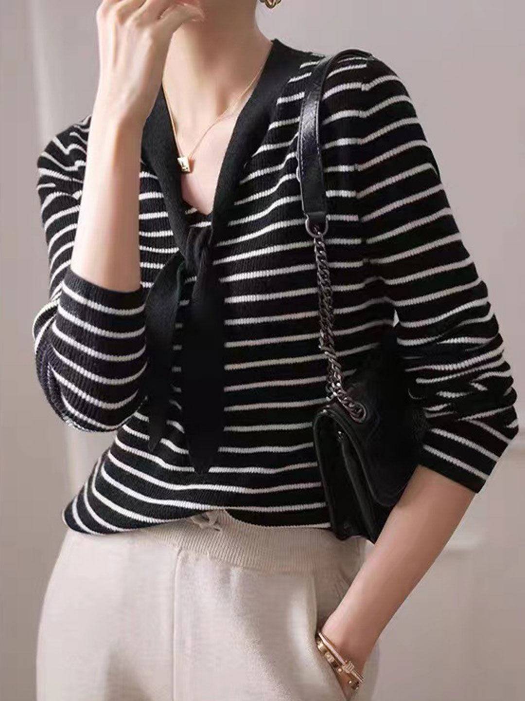 Chloe Vintage Bow Striped Knitted Top Sweater