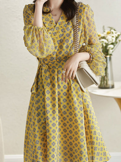 Bella Elegant Printed Tie Dress-Yellow