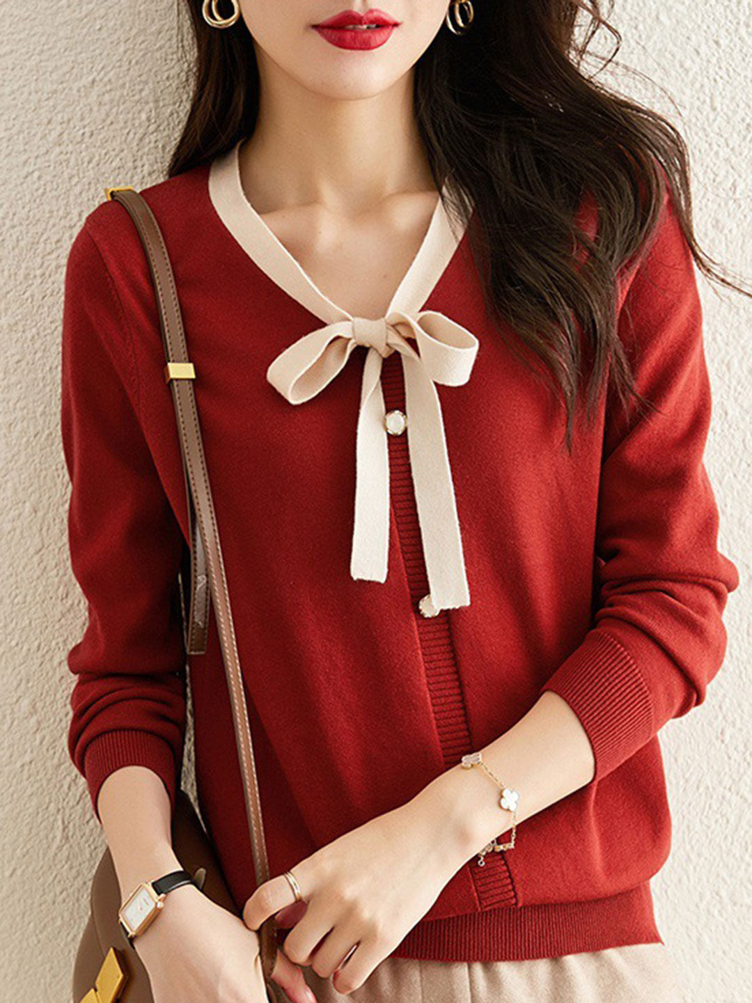 Fanny Casual Contrast Color  V-neck Knitted Sweater