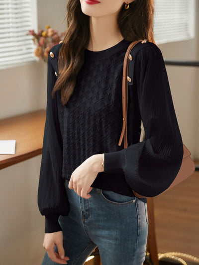 Alyssa Elegant Balloon Sleeve Knitted Blouse-Black