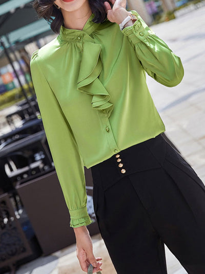 Trinity Elegant Chiffon Ruffle Collar Shirt Top-Green