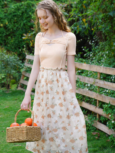 Katherine Vintage Floral Pleated A-line Skirt With Pearl Straps