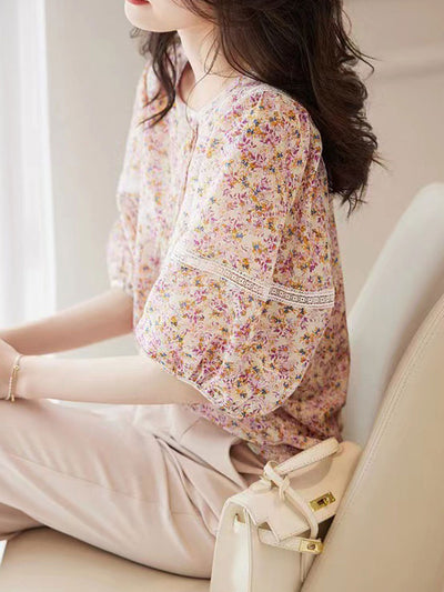 Charlotte Elegant Floral Printed Puff Sleeve Blouse