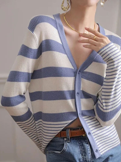 Maria Classic Striped Knitted Cardigan-Blue