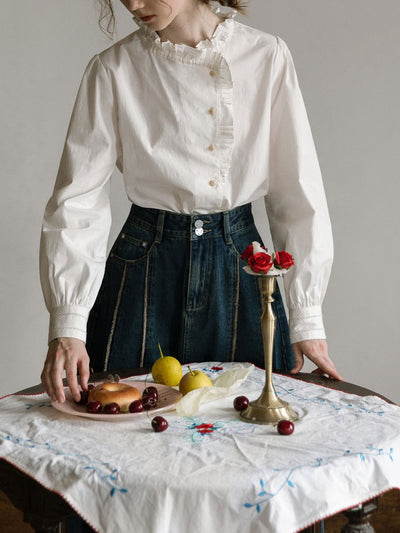 Layla French Vintage Rose Embroidery Loose White Shirt
