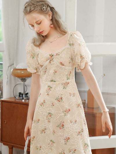 Samantha Vintage Embroidered Square Neck Floral Dress