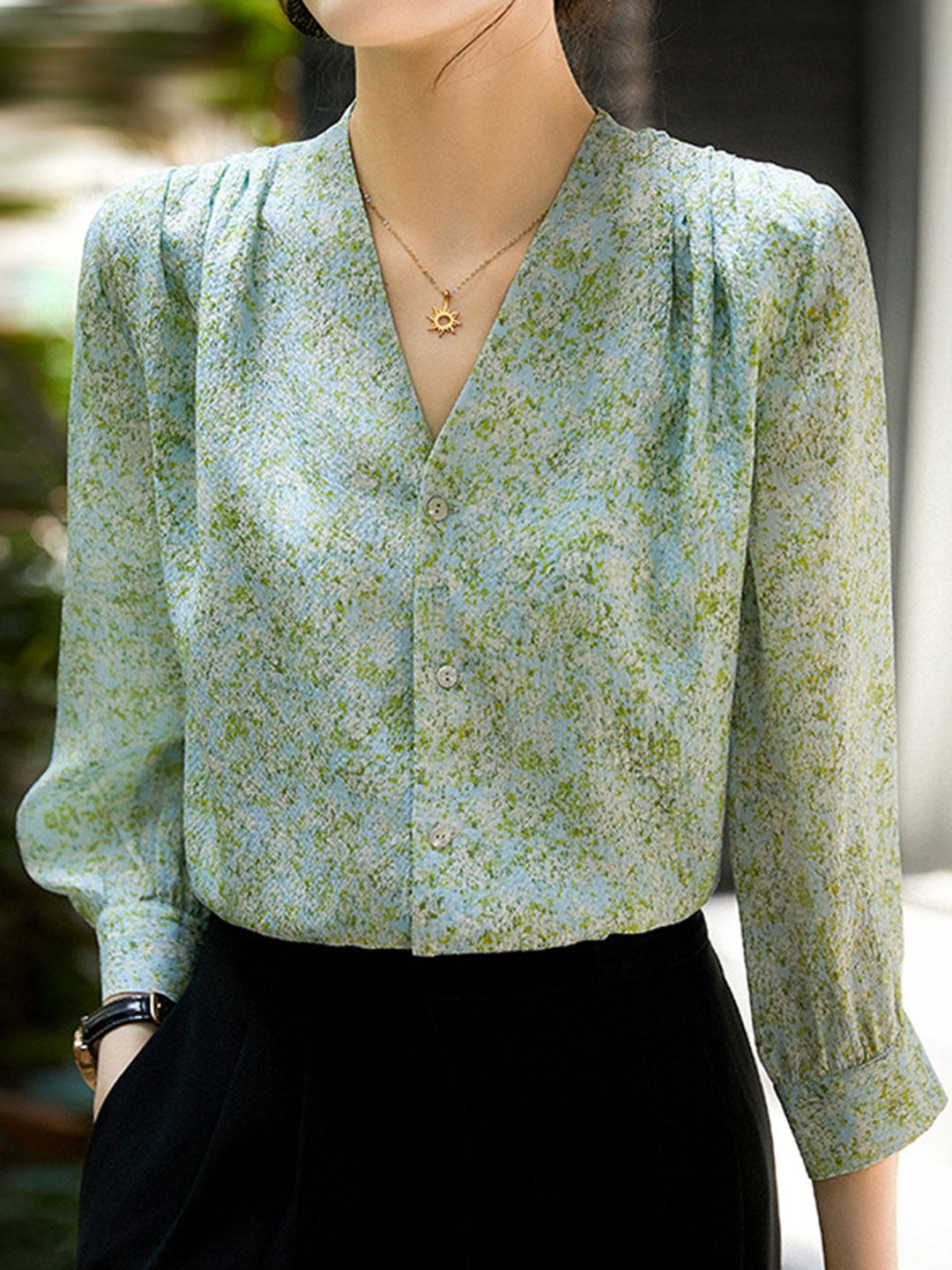 Molly Printed Green Floral Chiffon V-neck Shirt