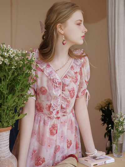 Audrey Retro Auricular Chiffon Printed Dress