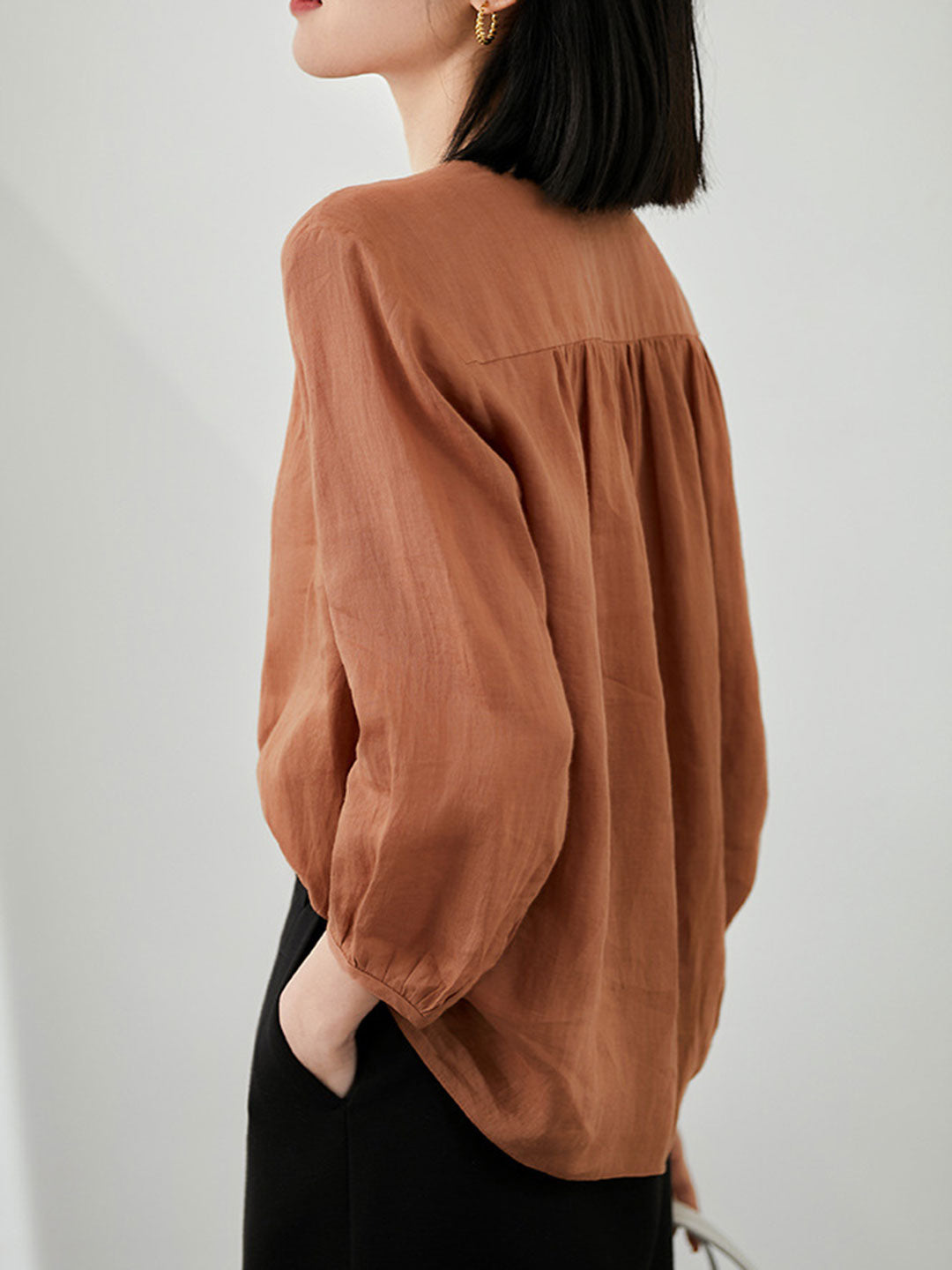 Molly Elegant Puff Sleeve Loose Shirt-Brown