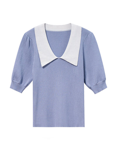Alexis Retro Lapel Puff Sleeve Knitted Tops-Green