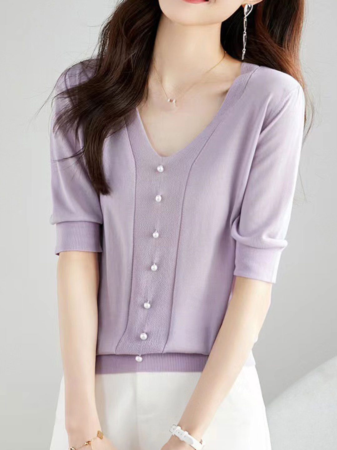 Valeria Casual Imitation Tencel Knitted Beaded Top