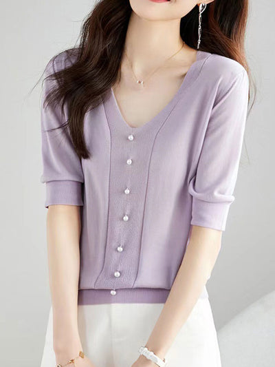 Valeria Casual Imitation Tencel Knitted Beaded Top