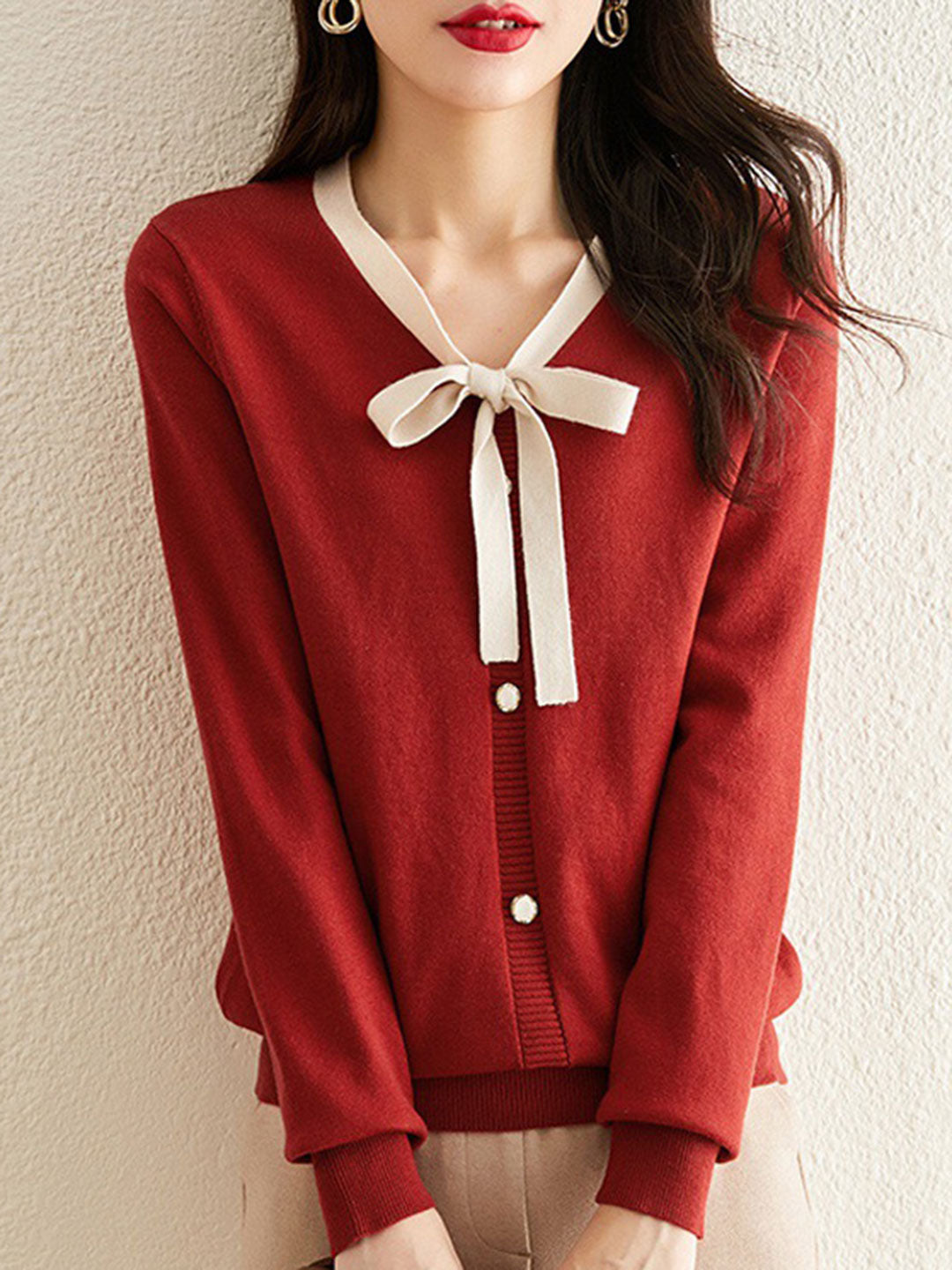 Fanny Casual Contrast Color  V-neck Knitted Sweater