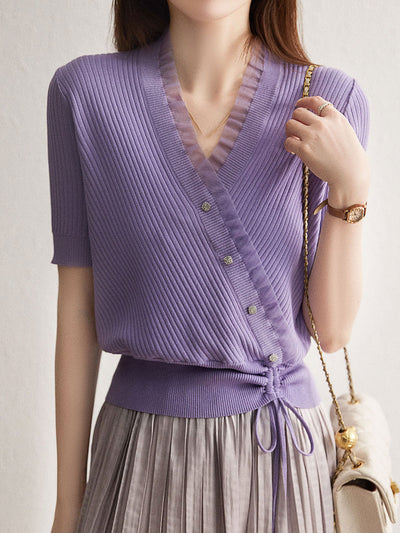Sydney Elegant V-neck Drawstring Knitted Top-Purple