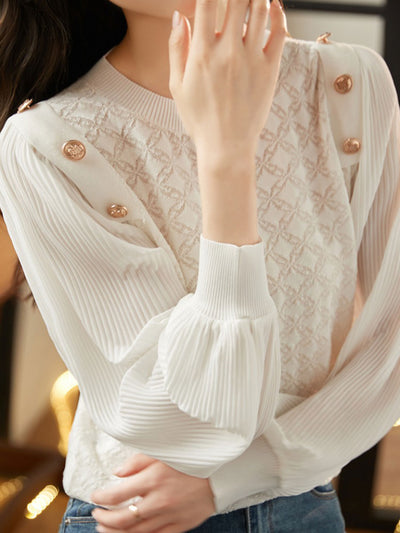 Alyssa Elegant Balloon Sleeve Knitted Blouse-White
