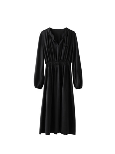 Serenity Elegant Lantern Sleeve Pleated High Waist Dress-Black