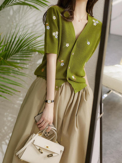 Bella Elegant Olive Embroidery Knitted Cardigan