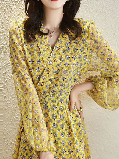 Bella Elegant Printed Tie Dress-Yellow