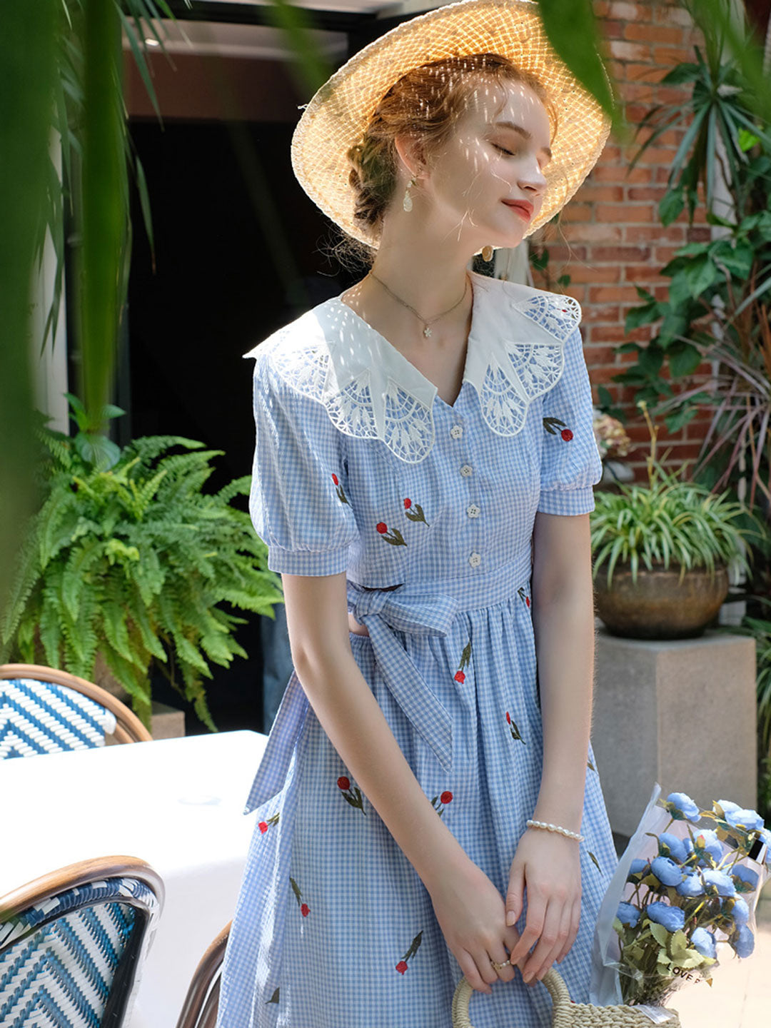 Melanie Vintage Embroidered Plaid Doll Collar Dress