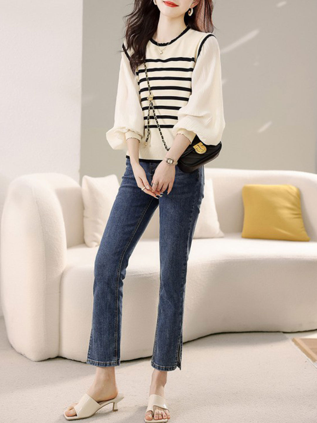 Raya Classic Balloon Sleeve Striped Knitted Sweater