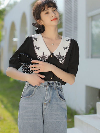 Alexis Retro Embroidered Collar Shirt Top-Black
