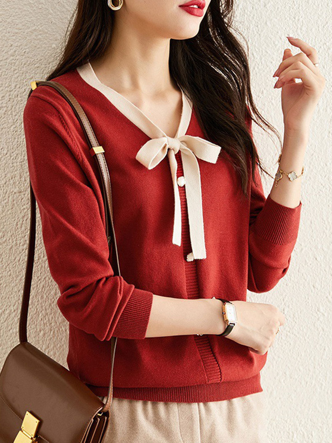 Fanny Casual Contrast Color  V-neck Knitted Sweater