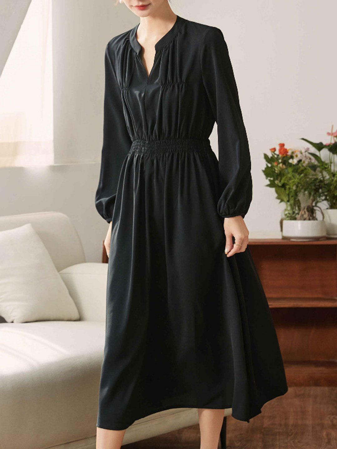 Serenity Elegant Lantern Sleeve Pleated High Waist Dress-Black
