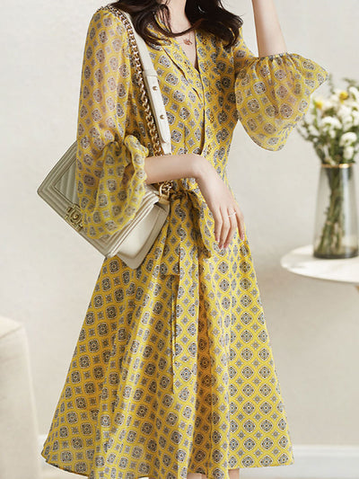 Bella Elegant Printed Tie Dress-Black
