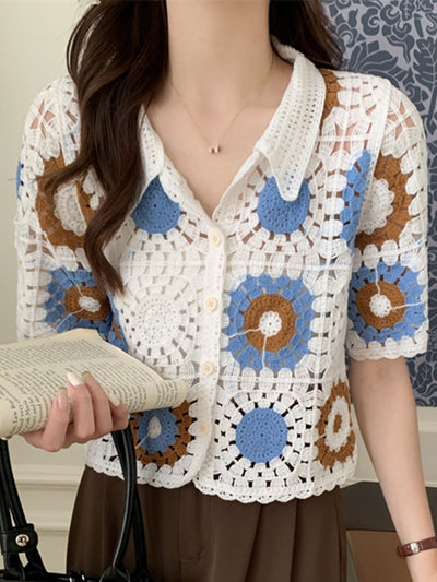 Kaitlyn Retro Polo Collar Hollow Knitted Loose Cardigan
