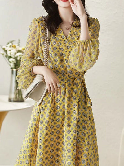 Bella Elegant Printed Tie Dress-Black
