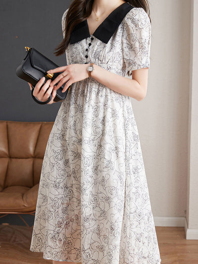 Olivia Elegant Doll Collar Puff Sleeve Floral Dress