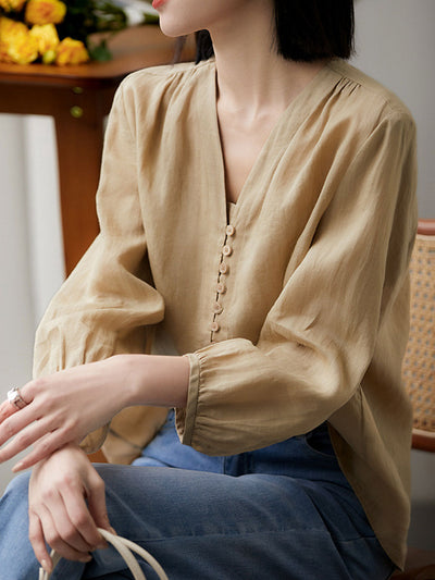 Molly Elegant Puff Sleeve Loose Shirt-Khaki
