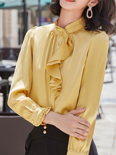 Trinity Elegant Chiffon Ruffle Collar Shirt Top-Yellow