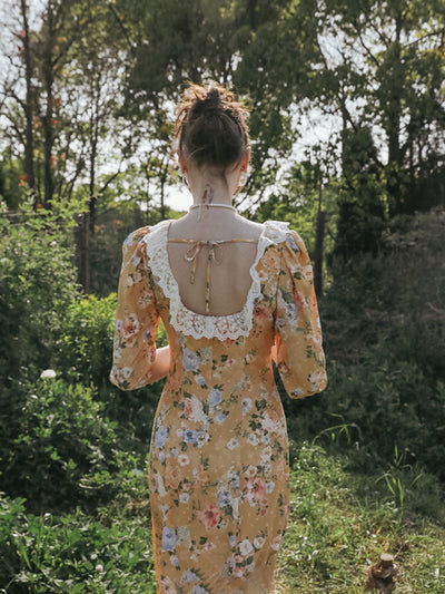 Emma Retro Lace V-neck Floral Backless Dress