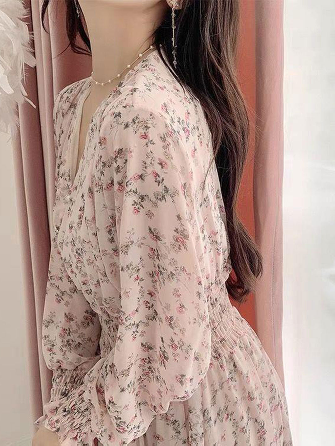 Zoey Classic Floral Ruffle Chiffon Dress-Pink