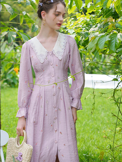 Carol French Rose Embroidery Lapel Dress