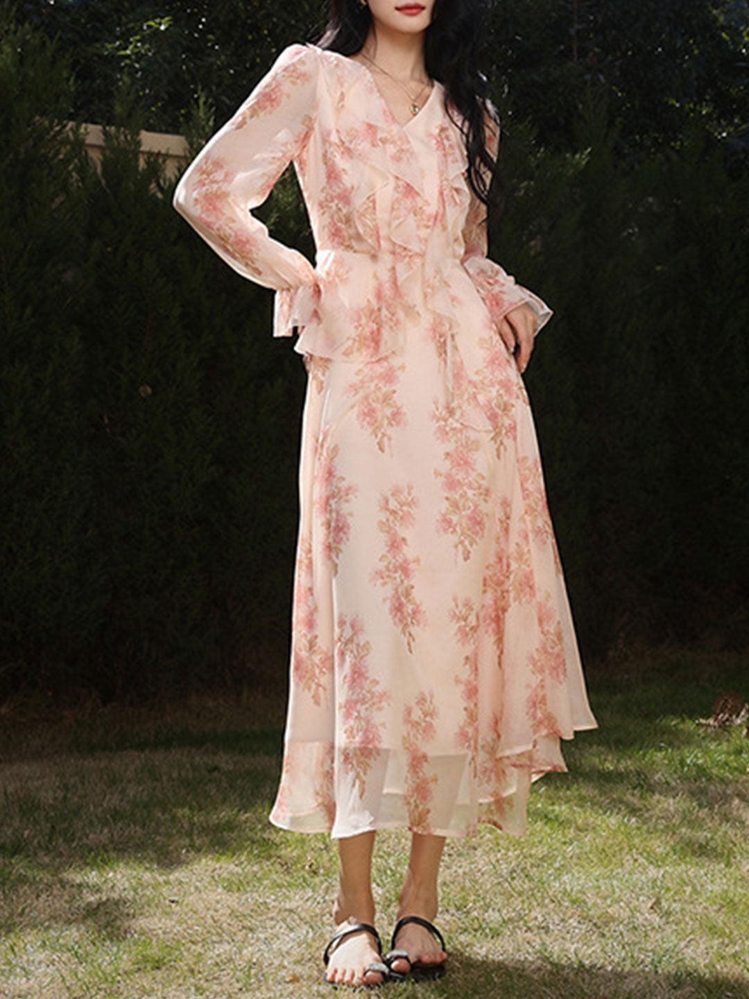 Bella Elegant Ruffle Floral Chiffon Dress