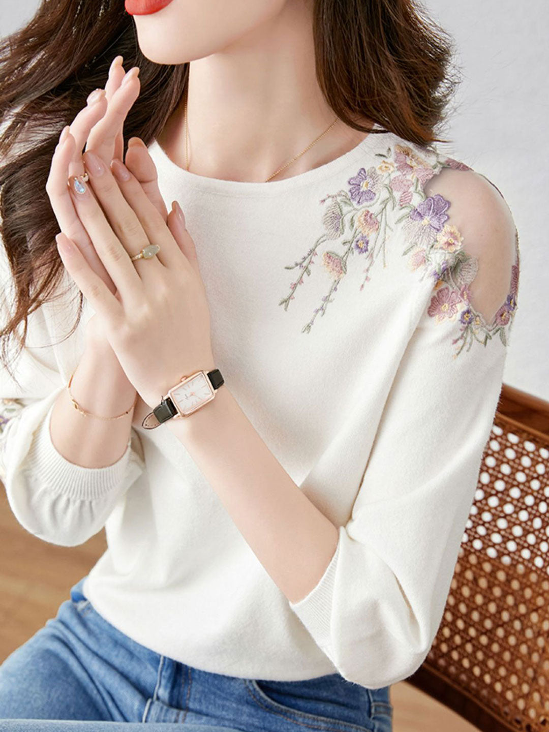 Camila Vacation Cutout Floral Knitted Pullover Top