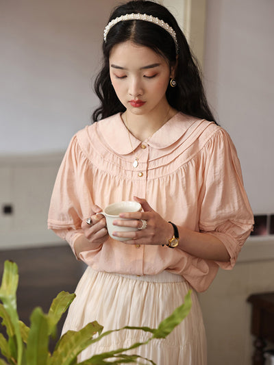 Audrey Vintage Doll Collar Cotton Shirt-Blue