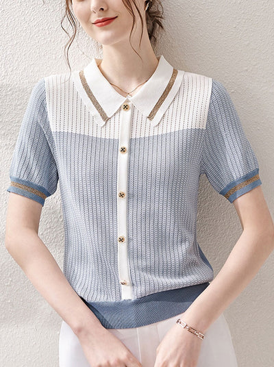Lauren Classic Stitching Loose Knitted Sweater Top-Blue