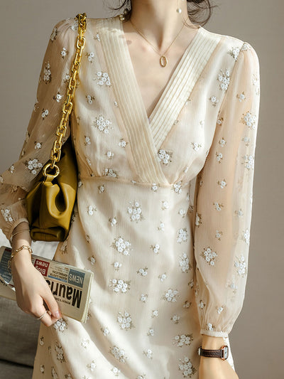 Mia Retro High Waist Floral Chiffon Dress
