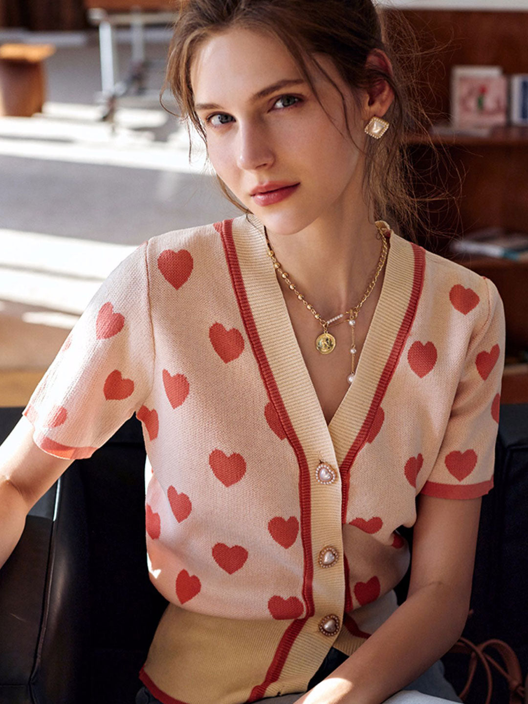 Khloe Classic Heart Pearl Knitted Cardigan