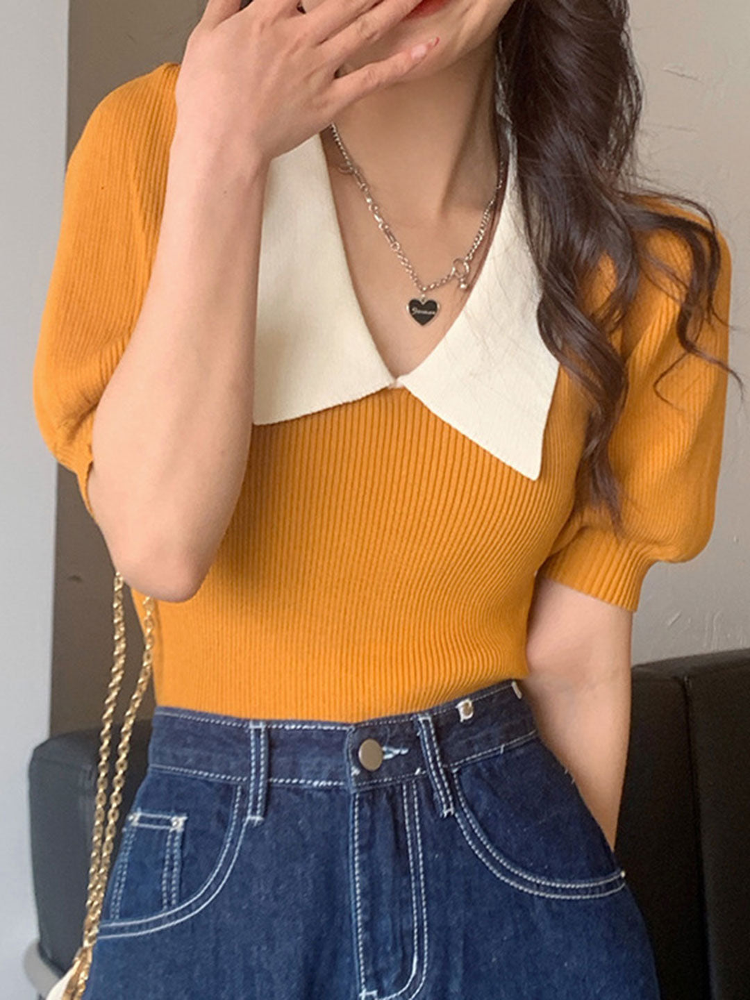 Alexis Retro Lapel Puff Sleeve Knitted Tops-Yellow