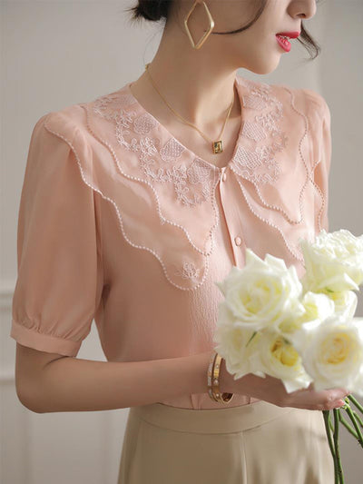 Olivia Retro Doll Collar Embroidered Silk Top-Pink