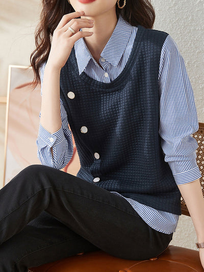 Layla Classic Lapel Paneled Striped Irregular Shirt